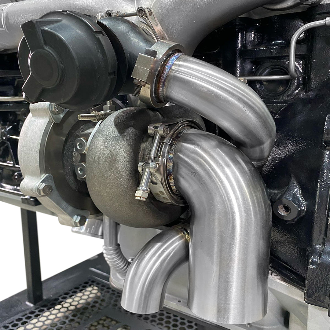 Emit Performance turbo downpipe and wastegate integration on TB48 for high-efficiency flow