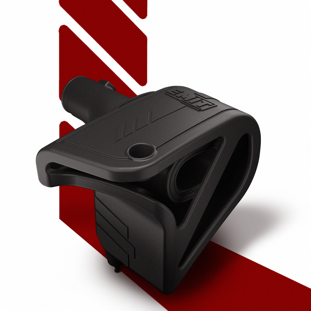 side view image of emit performance y63 cold air intake black with red stripe background
