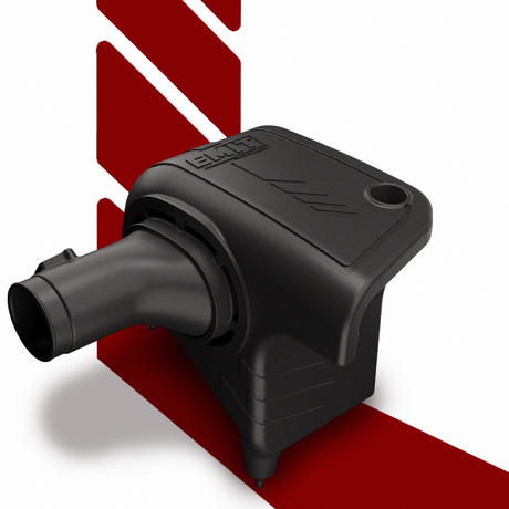 Black plastic cold air intake box side view on a red and white background