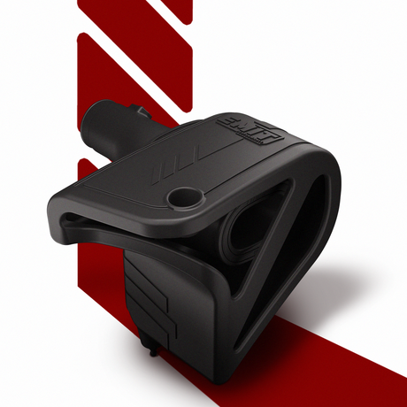 side view image of emit performance y63 cold air intake black with red stripe background